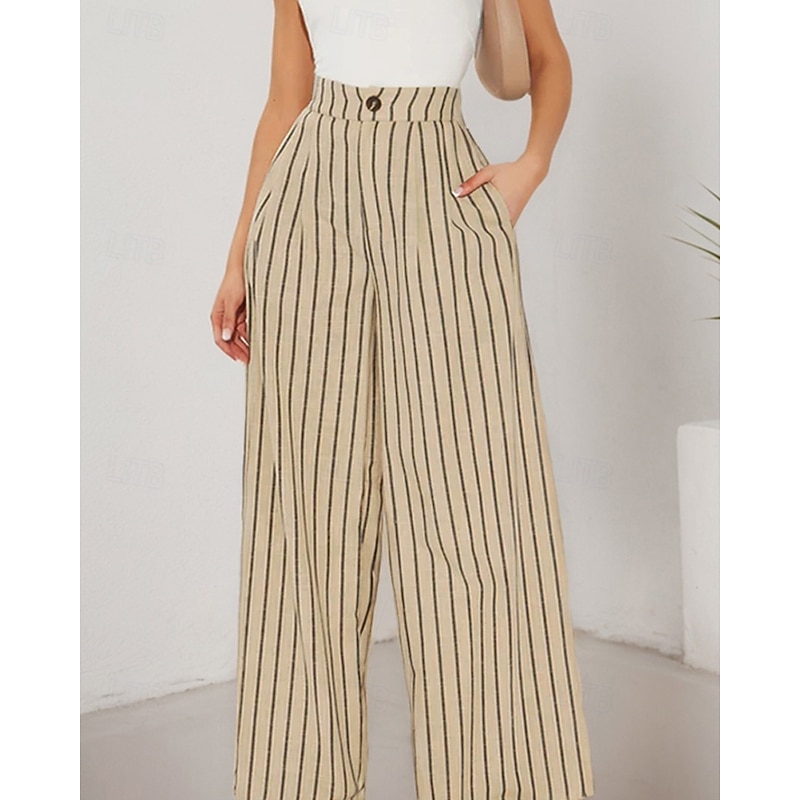 Women's Cotton Linen Pants Slacks Fashion Streetwear Full Length Natural Striped Pocket Elastic Waist Comfy Comfortable Outdoor Street Khaki Summer Regular Fit