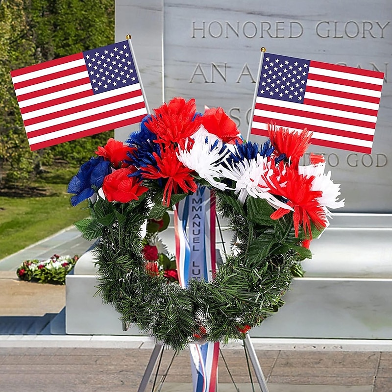4 Bunches Patriotic Artificial Flowers,4th of July Independence Day Red Blue White Flower with Flags, Memorial Day Bouquet Decorations for Veterans Day Grave Memorial Day Home Decor3