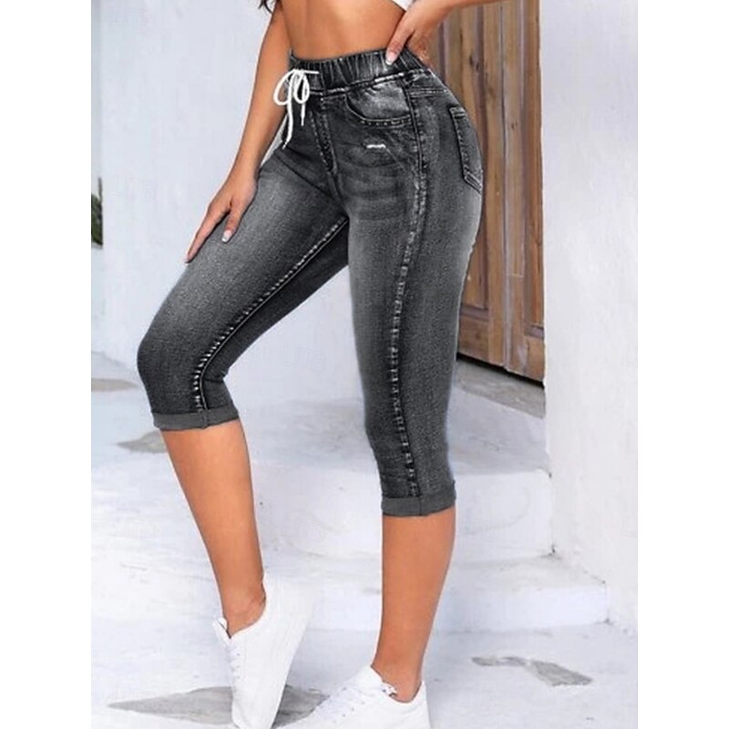 Women's Leggings Capri Pants 3D Print Vacation Casual Tights Calf-Length High Waist Solid Color High Cut Comfort Breathable Quick Dry Stretchy Outdoor Street Daily Black Blue Summer Slim Fit