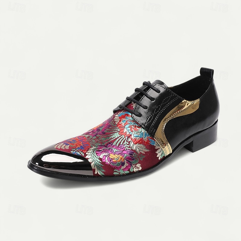 Men's Red and Purple Floral Patterned Leather Oxford Shoes with Gold Tip Lace-up Design–Elegant, Fashion-forward, Ideal for Formal Occasions and Parties3