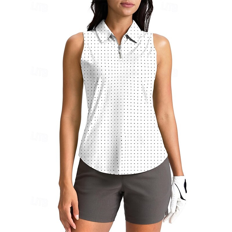 Women's Dot Tennis Shirt Sleeveless Print UPF50+ Quick Dry Tennis Golf Badminton Zip Collar Tee Tshirt Top Black White+Black White Tennis Clothing