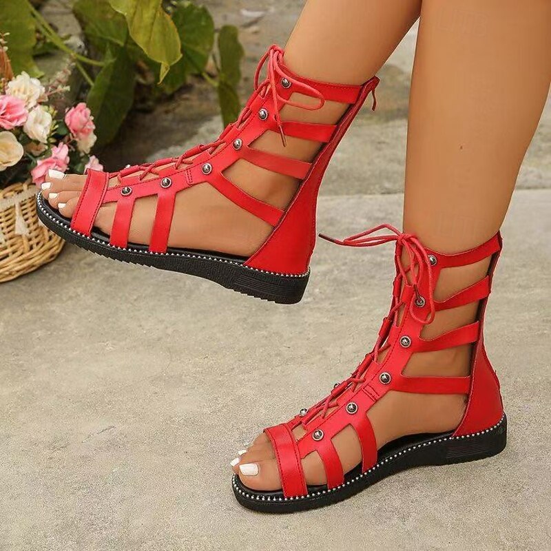 Women's Black Gladiator Sandals with Lace-Up & Cut-Out Design - Stylish Flat Sandals for Summer, Festivals & Beach Wear4