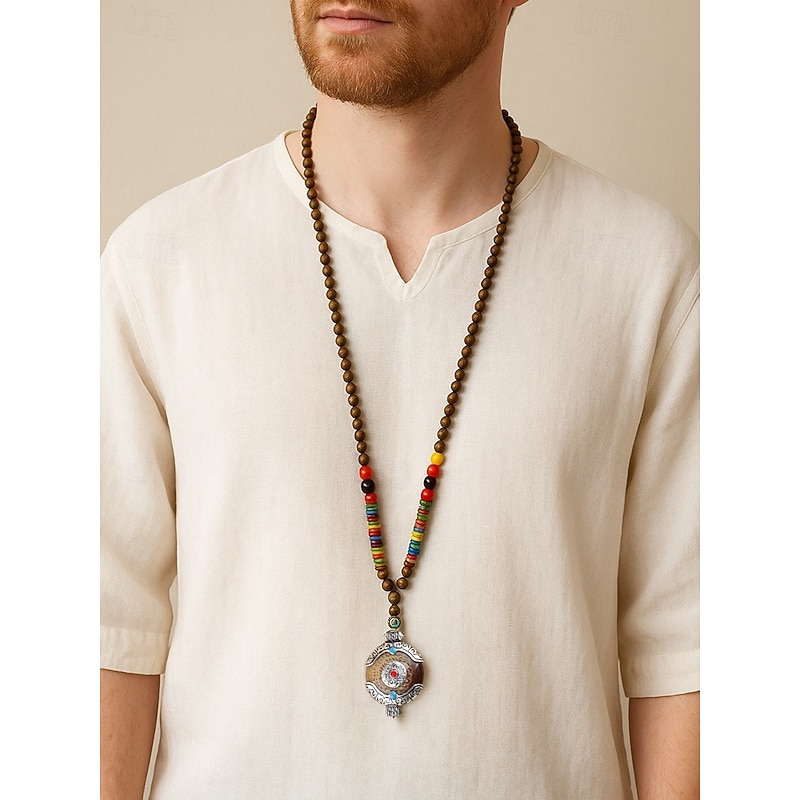 Men's Natural Wood Bead Necklace with Tibetan Totem Pendant, Boho Ethnic Style Long Chain Jewelry for Meditation, Yoga, Spiritual Gatherings and Casual Summer Outfits2