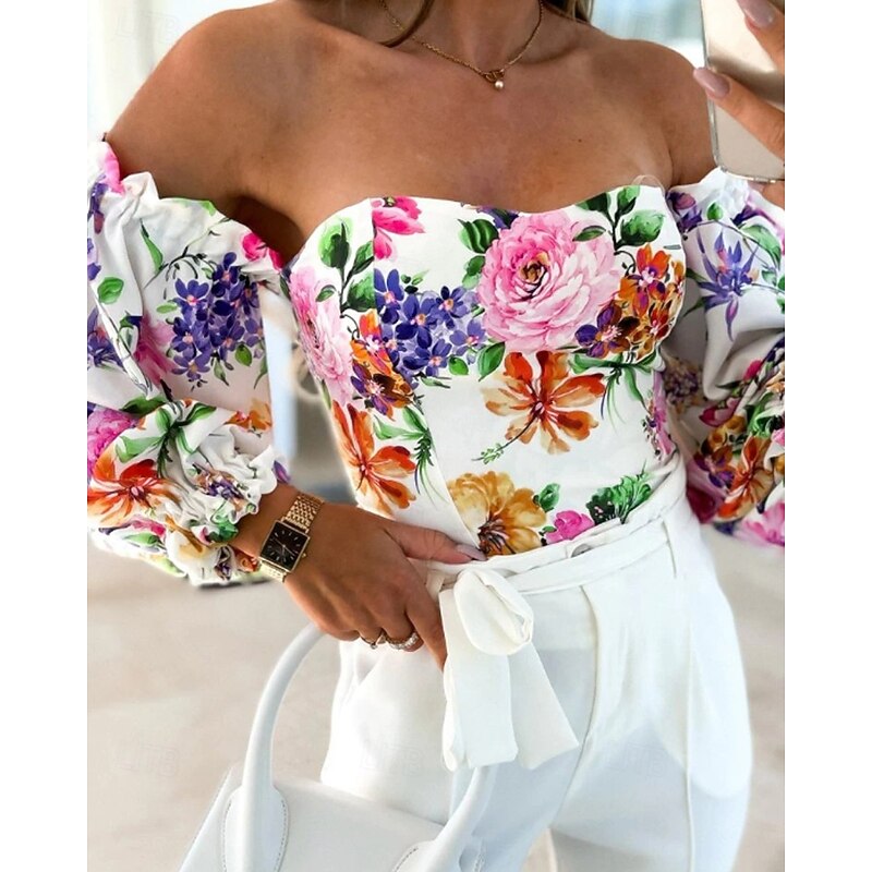 Women's Boho Shirt Blouse Flower Modern Boho Long Sleeve Off Shoulder Regular Tops Daily Going out Print Blush Pink Pink Wine Red Purple Summer