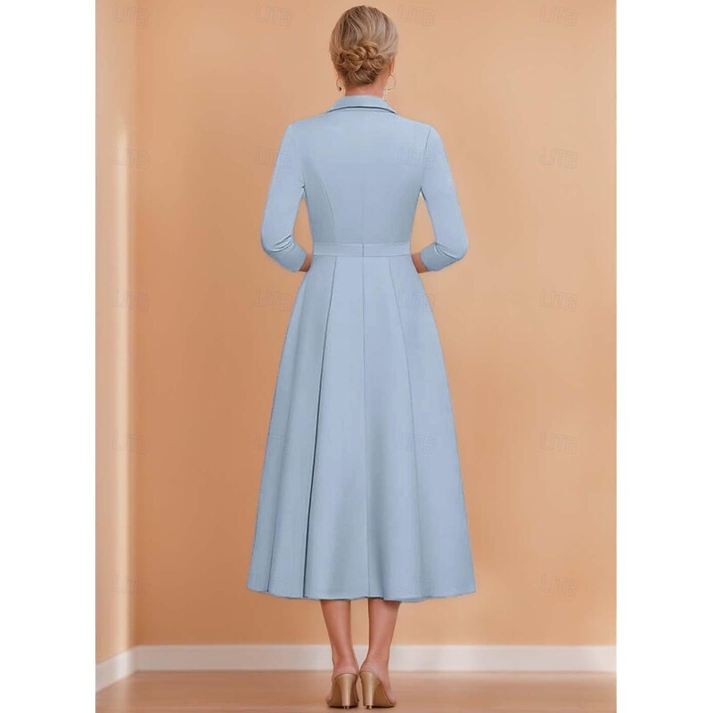 Tuxedo Dress A-Line Formal Satin Elegant Simple 3/4 Sleeve Pleated Tea Length Shawl Lapel2