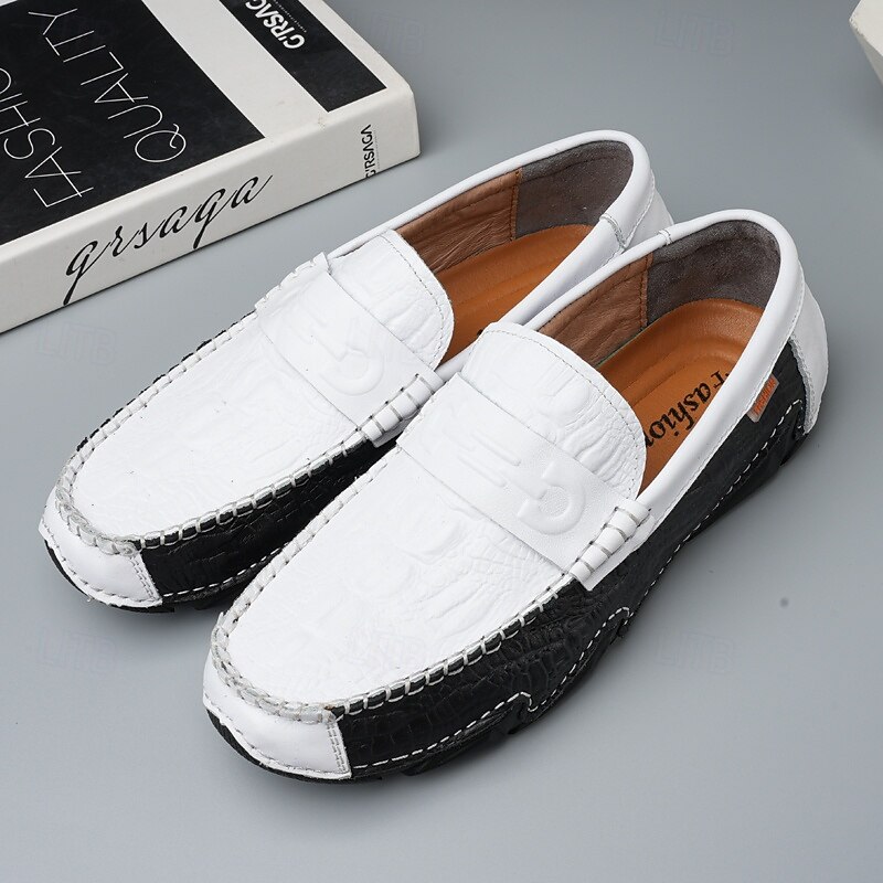 Men's White Faux Leather Loafers with Black Crocodile Texture – Elegant and Stylish Slip-On Shoes for Semi-Formal Events, Weddings and Casual Gatherings2
