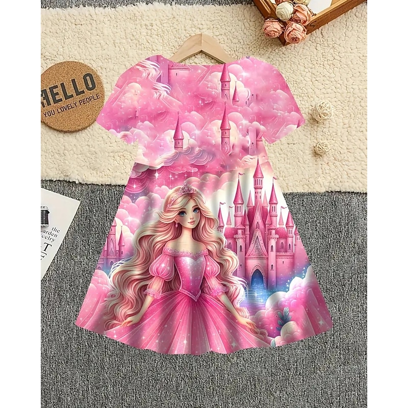 Girls' 3D Cartoon Dress Short Sleeve Summer Spring Vacation Daily Holiday Princess Beautiful Sweet Kids 4-12 Years Casual Dress A Line Dress Knee-length Regular Fit3