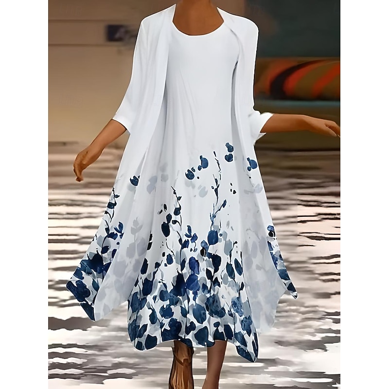Women's Dress Set Summer Dress Vacation Casual Ombre Floral Print Maxi Dress 3/4 Length Sleeve Crew Neck Wedding Guest Birthday White Blue Purple Summer Spring Regular Fit