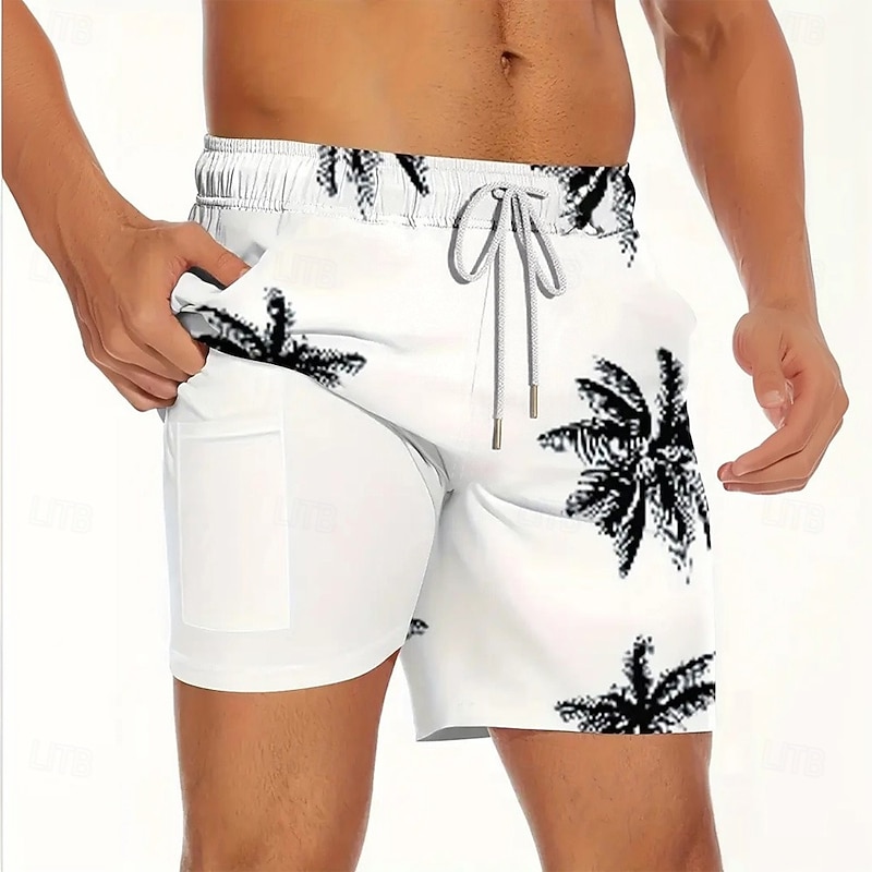 Men's Coconut Tree Tropical Plants Lined Shorts 2 in 1 Board Shorts Swimming Trunks Mid Waist Hawaiian Beach Wear Side Pockets With Compression Liner Elastic Drawstring Waist Designer Clothing Apparel