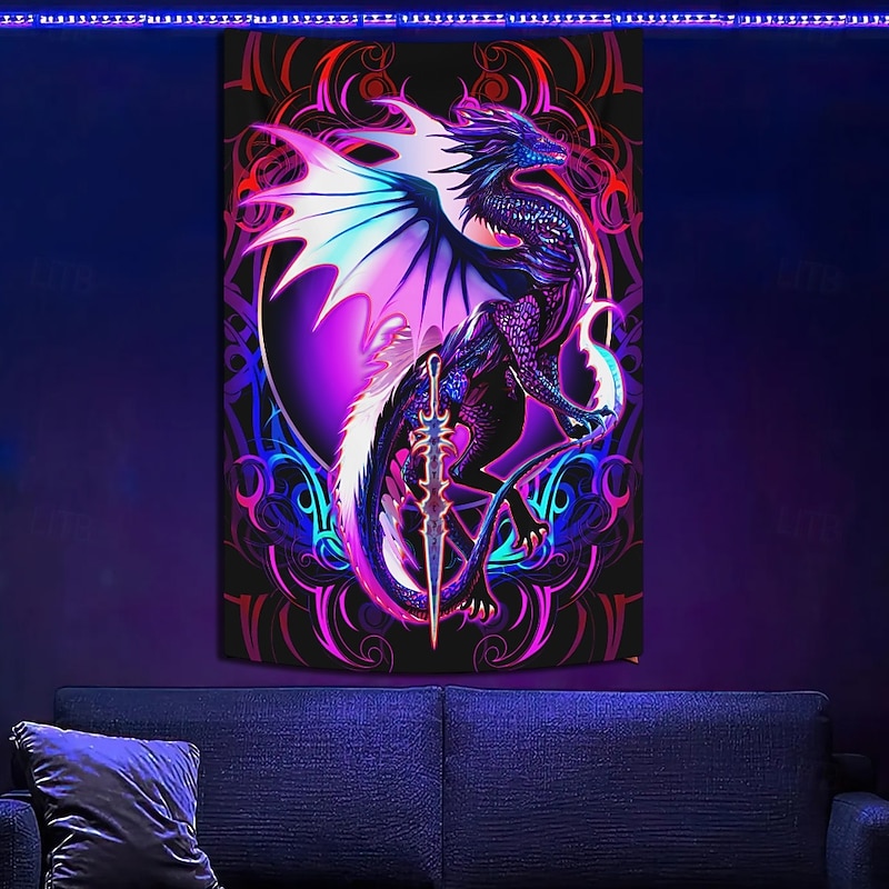 Ruth Thompson Blacklight Tapestry Glow in the Dark Glow Party UV Reactive Trippy Misty Hanging Tapestry Wall Art Mural for Living Room Bedroom Dragonblade EBONBLADE HIGH REZ2