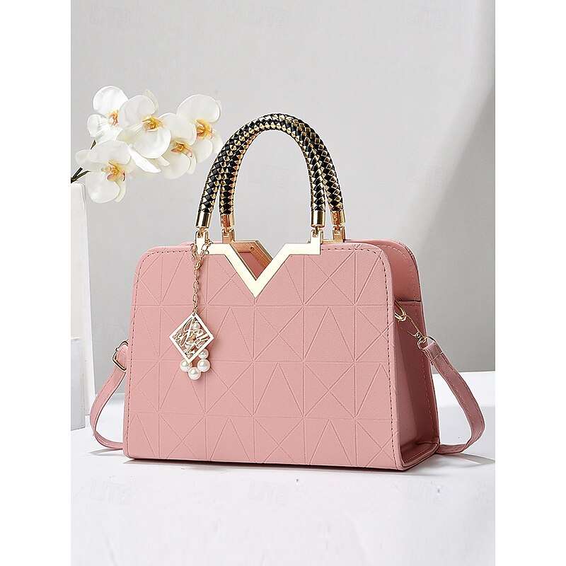Women's Faux Leather Handbag with Pearl Pendant – Elegant Geometric Top Handle and Crossbody Bag for Office, Daily Commute and Formal Events