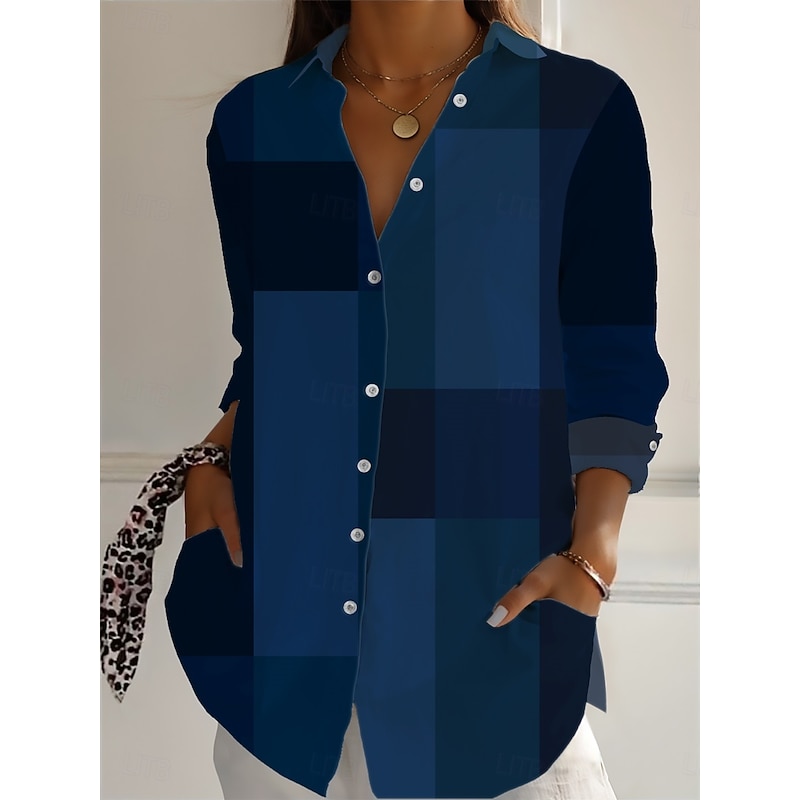Women's Cotton Linen Shirts Plaid Daily Casual Long Sleeve Shirt Collar Regular Tops Daily Holiday Buttons Print Yellow Wine Blue Summer