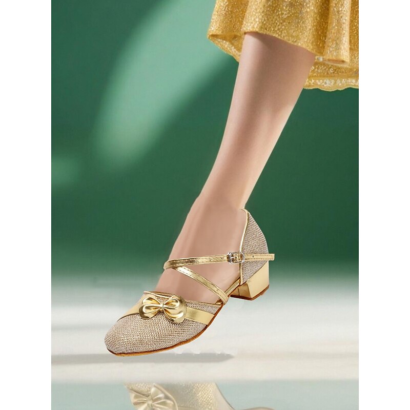 Girls's Glitter Gold Low Heel Dance Shoes with Bow and Cross Straps - Sparkly Performance Footwear for Youth Stage Shows, Ballroom Practice and Talent Competitions3