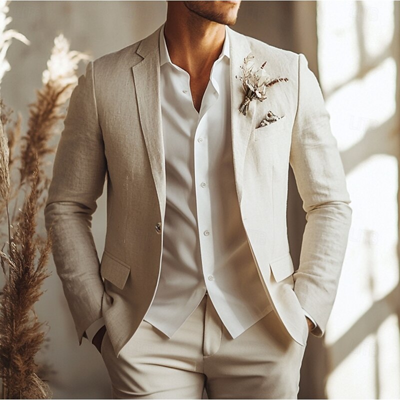 Men's Casual Wedding Linen Suits Beige Summer Half Lined Lightweight Solid Colored Standard Fit 2 Piece Single Breasted One-button2