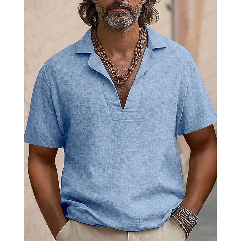 Men's Shirt Linen Shirt Casual Shirt Cotton Shirt Plain Vacation Street Blue Coffee Short Sleeve Turndown Summer Clothing Apparel4