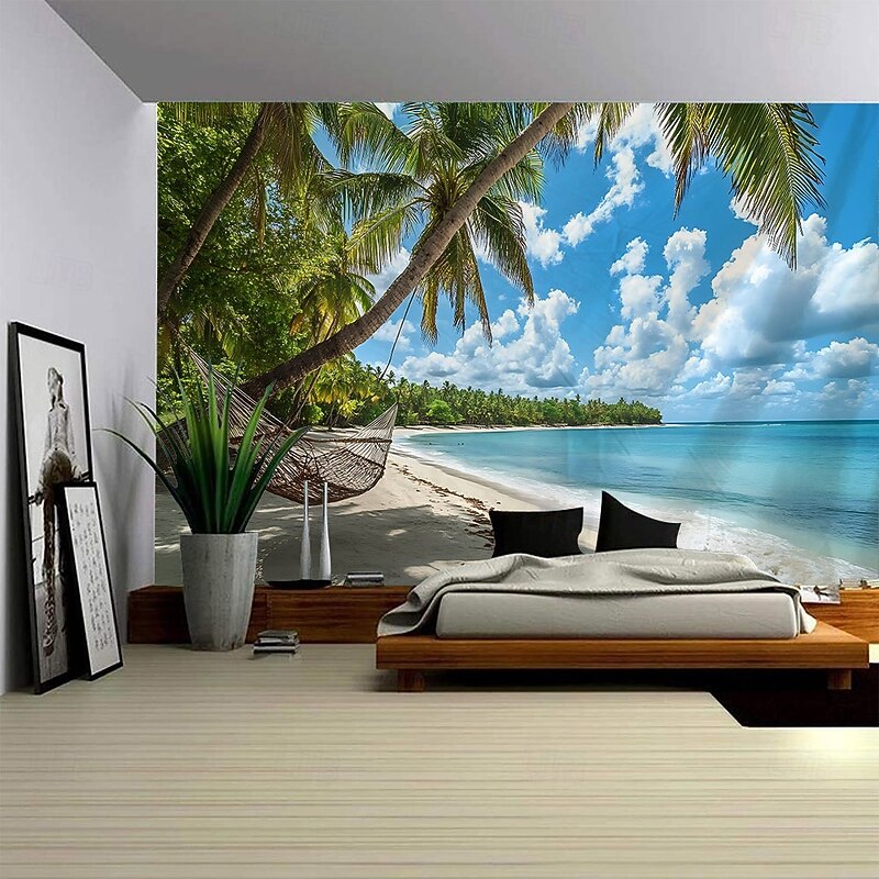 Beach Coconut Tree Landscape Summer Hanging Tapestry Mural Art Large Tapestry Mural Decoration Photos Background Carpet Curtains Home Bedroom Living Room Decoration