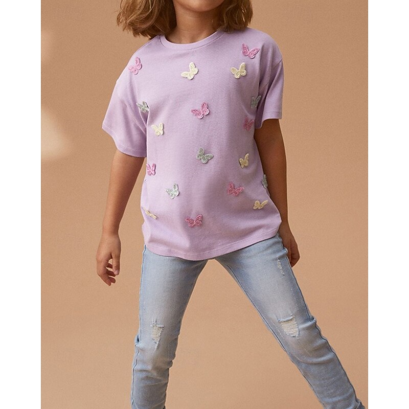 Kids Girls' T shirt Butterfly Outdoor Short Sleeve Crewneck Streetwear 4 years+ Summer Purple