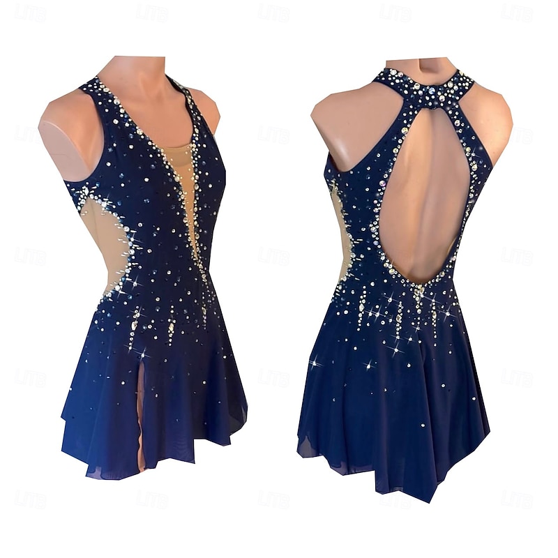 Figure Skating Dress Women's Girls' Ice Skating Dress Dark Blue Thumbhole Halo Dyeing High Elasticity Professional Competition Skating Wear Thermal Warm Crystal / Rhinestone Sleeveless Ice Skating