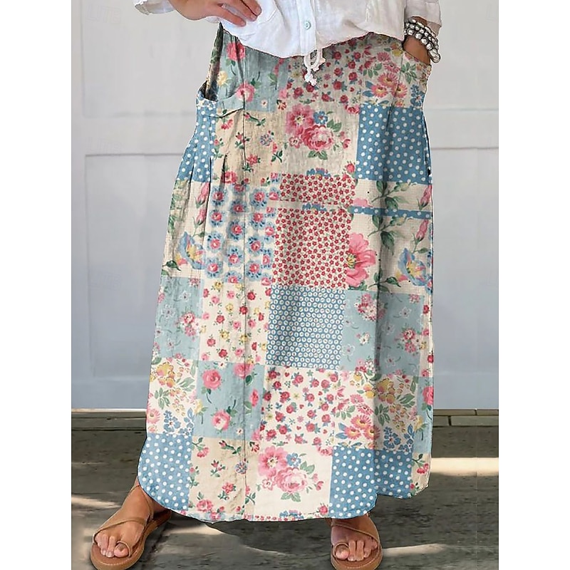 Women's Skirt A Line Bohemia Vintage Casual Maxi High Waist Skirts Floral Pocket Print Micro-elastic Street Daily Navy Blue Blue Sky Blue Brown Summer Polyester Faux Linen2