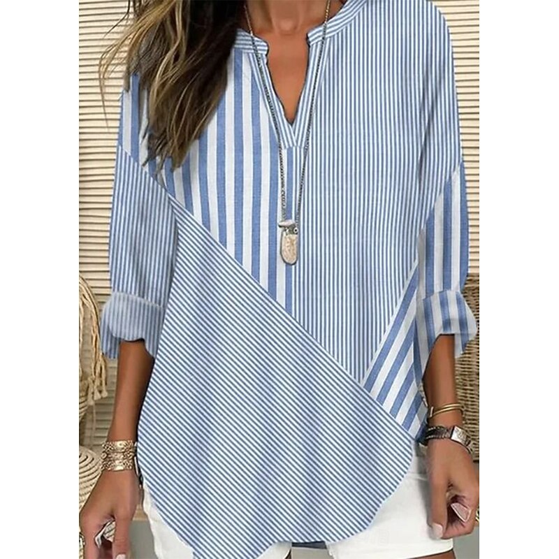 Women's Blouse Tunic V Neck Long Sleeve Boho Casual Tops Cotton Linen Graphic Striped Daily Business Regular Tops Work Daily Buttons Print Black Blue Green Light Blue