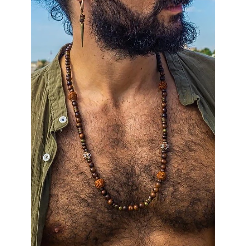 Men's Natural Wood Beaded Necklace – Handcrafted Boho Tribal Jewelry for Yoga, Meditation, Festivals and Daily Wear2
