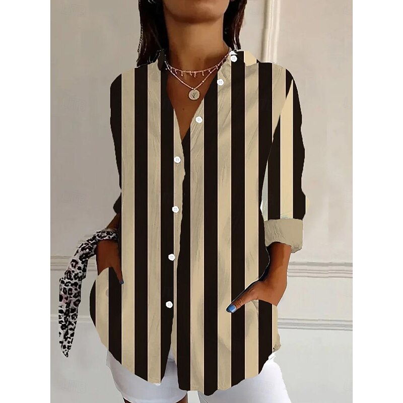 Women's Shirt Button Down Tunic Shirt Collar Long Sleeve Graphic Geometric Plaid Casual Regular Tops Work Daily s Print Blue Sky Blue Orange Brown Light Blue Spring Fall3