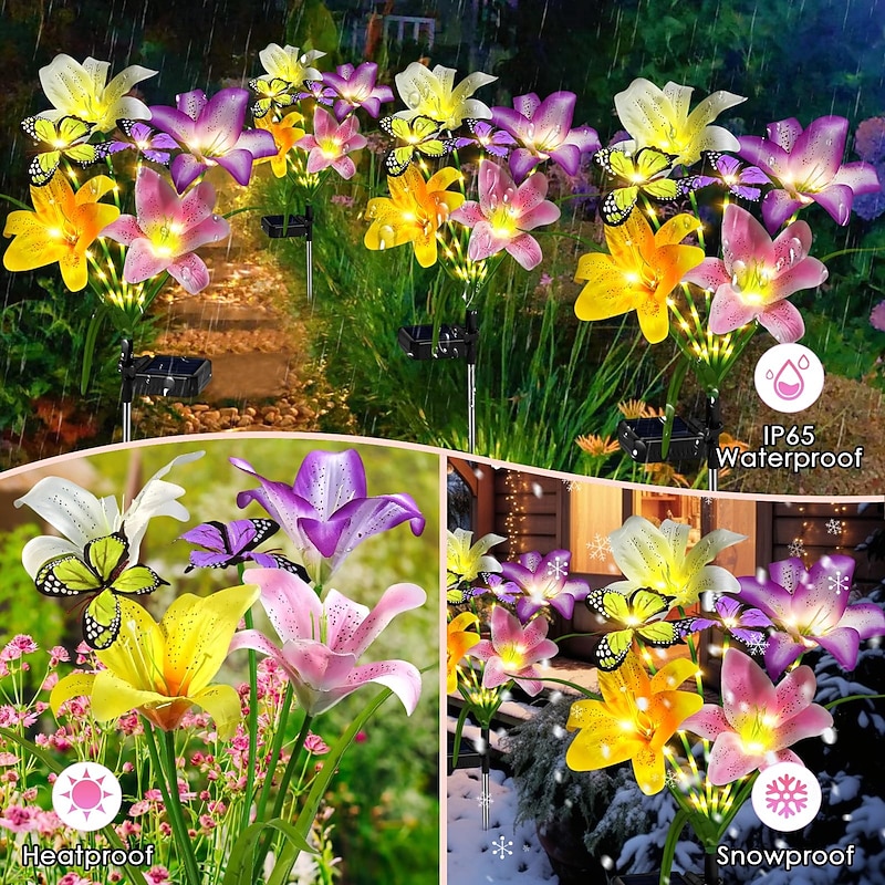 1 Pc Outdoor Flower Lights Pathway Solar Lily Butterfly Field Plug in Light Courtyard Garden Lawn Path Decorative Light Landscape Light Mother's Day Gift3