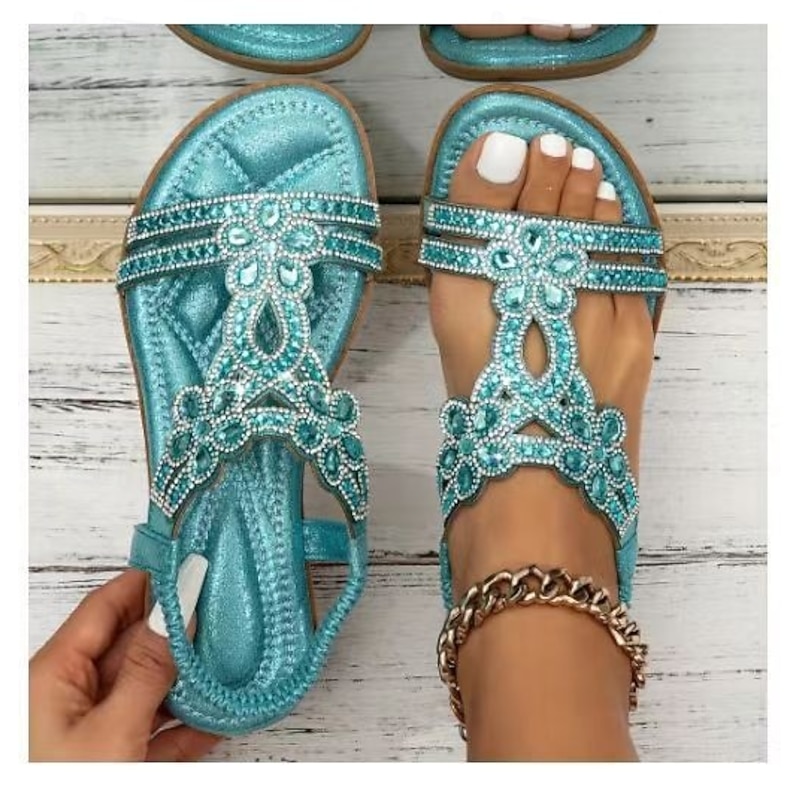 Women's Silver Rhinestone T-Strap Sandals – Boho Flat Wedding Flip Flops for Brides, Beach Ceremonies, and Summer Vacations 41
