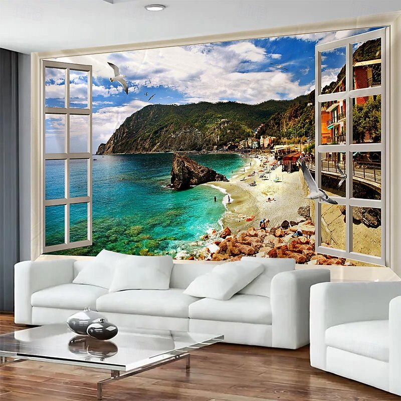 Hanging Tapestry Mural Art With Sea View Outside The Window Large Tapestry Mural Decoration Photos Background Carpet Curtains Home Bedroom Living Room Decoration3