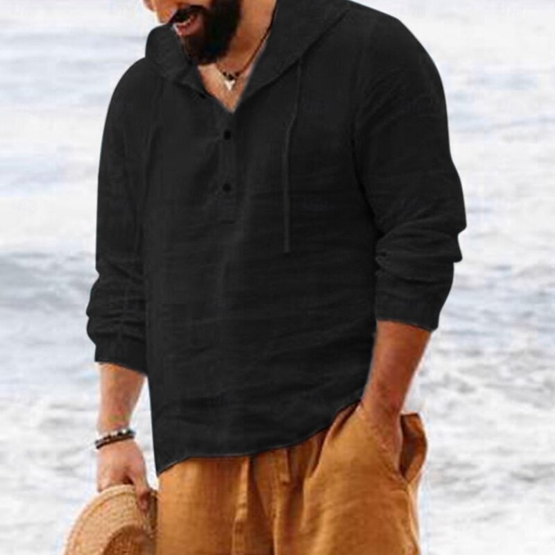 Men's Shirt Linen Shirt Popover Shirt Summer Shirt Beach Wear Hooded Shirt Solid Color Vacation Street Black White Navy Blue Sky Blue Long Sleeve Hooded Summer Spring Clothing Apparel2