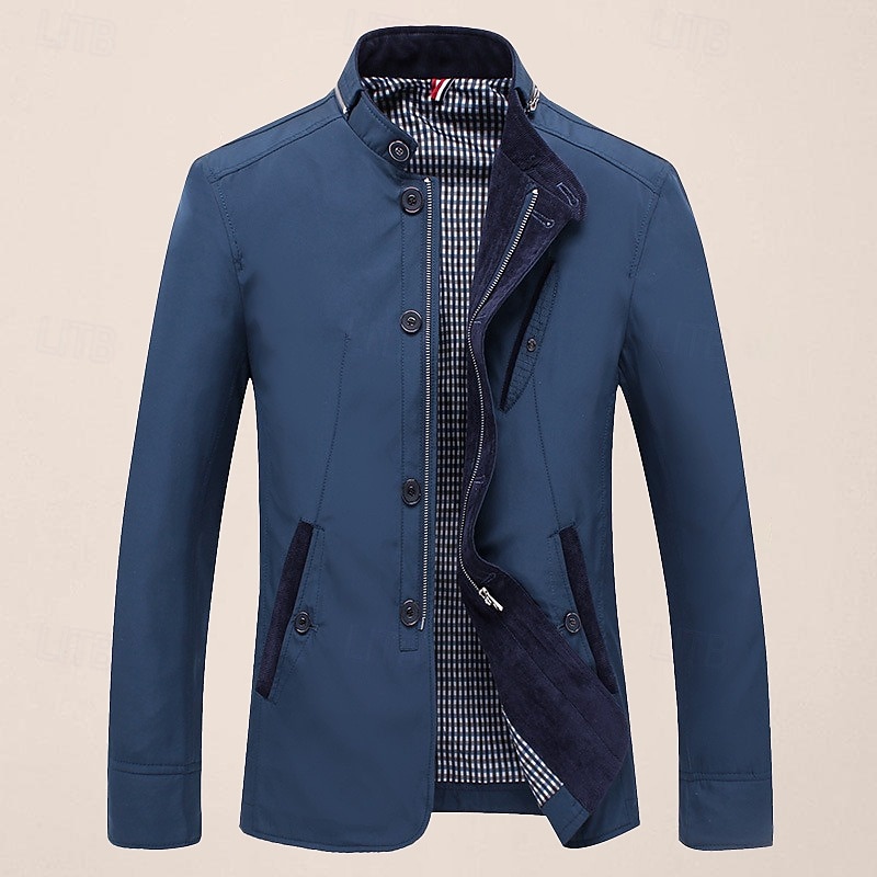 Men's Utility Jacket Transition Jacket Daily Windbreaker Pocket All Seasons Plain Classic Stand Collar Regular Royal Blue Khaki Jacket