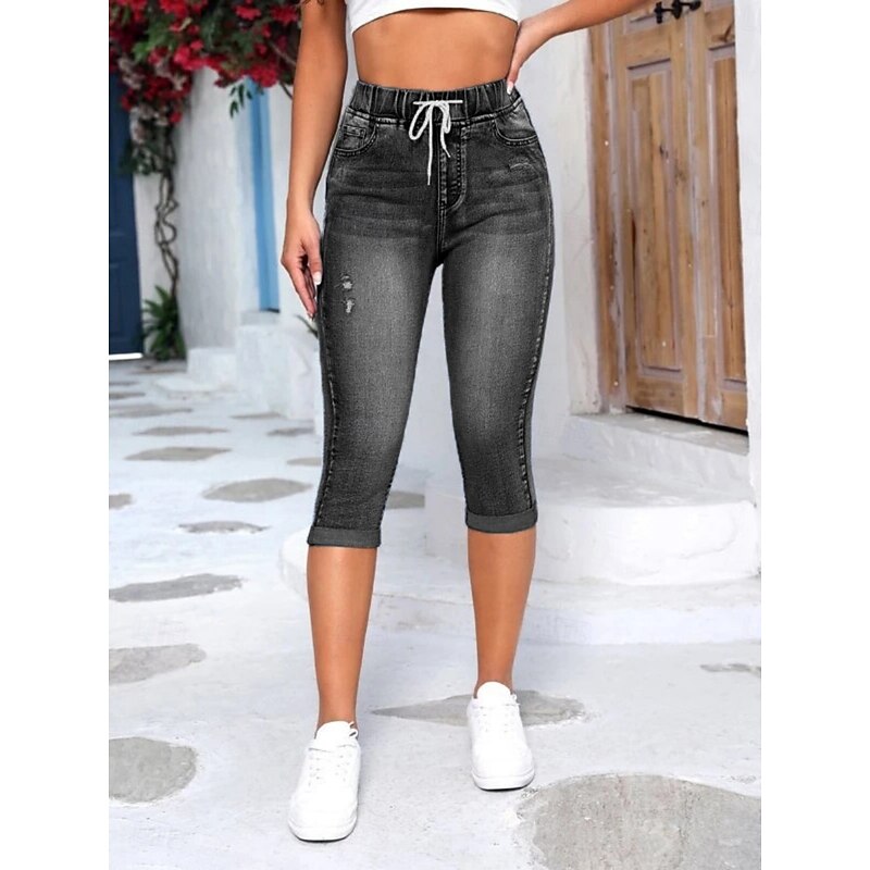 Women's Leggings Capri Pants 3D Print Vacation Casual Tights Calf-Length High Waist Solid Color High Cut Comfort Breathable Quick Dry Stretchy Outdoor Street Daily Black Blue Summer Slim Fit3