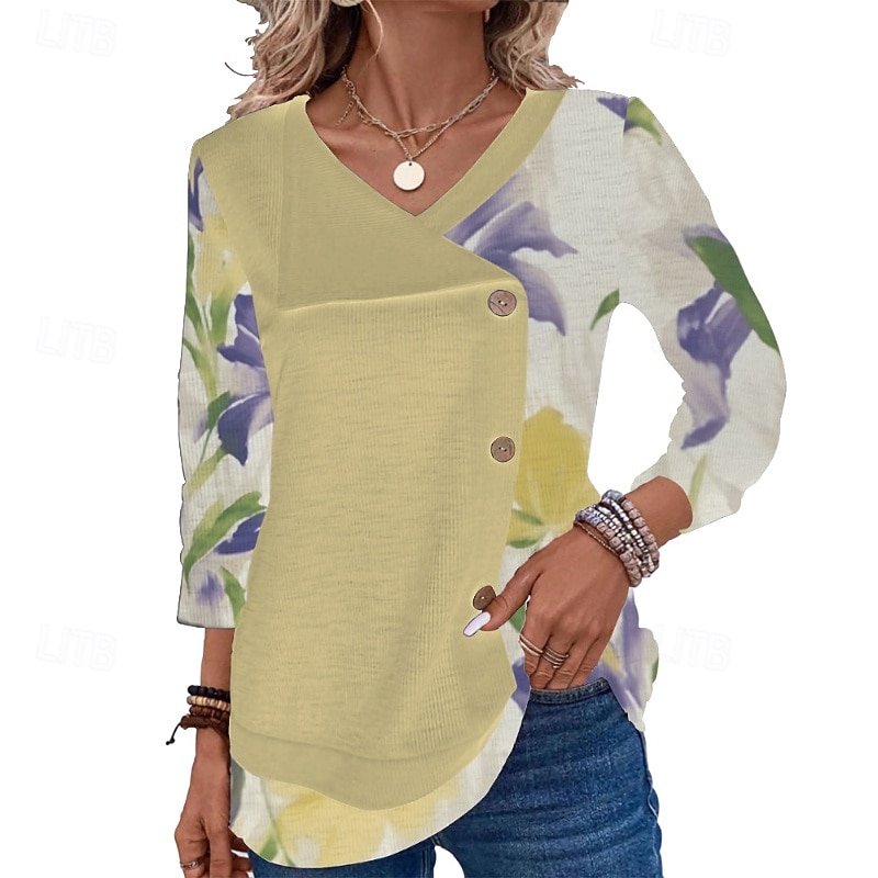 Women's Blouse Flower Modern Casual Long Sleeve V Neck Regular Tops Daily Holiday Patchwork Print Yellow Green Light Grey Light Blue Summer3