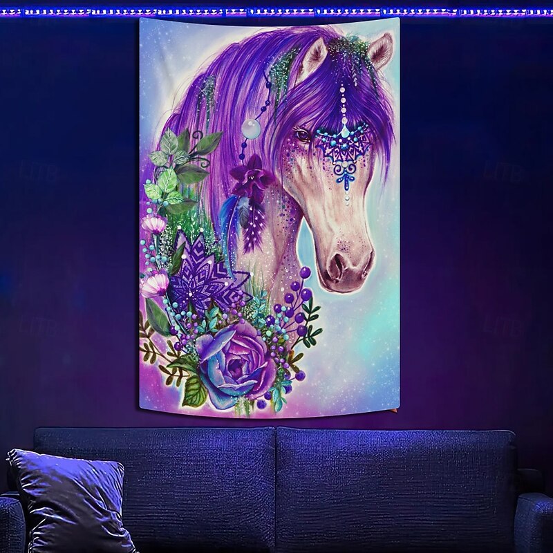 Sheena Pike Blacklight Tapestry Glow in the Dark Glow Party UV Reactive Trippy Misty Hanging Tapestry Wall Art Mural for Living Room Bedroom Gypsy Violet Horse2