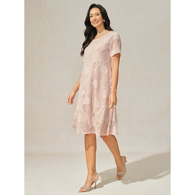 Women's Knee Length Dress Chiffon Dress Elegant Casual Loose Fit Floral Short Sleeve Crew Neck Pink Summer4