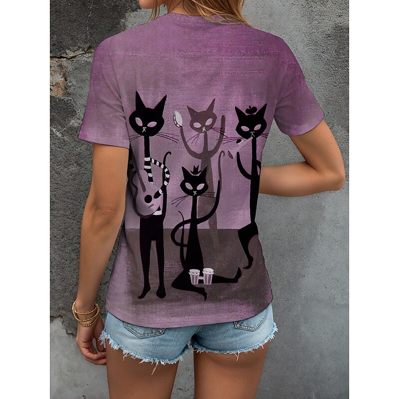 Women's T Shirt Graphic Animal Cat Vintage Stylish Classic Short Sleeve V Neck Regular Tops Daily Print Dusty Rose Light Brown Blue Purple Green Summer Spring2