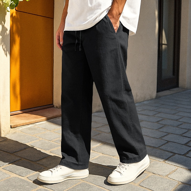 Men's Linen Pants Trousers Summer Pants Baggy Pants Beach Pants Drawstring Elastic Waist Plain Comfort Soft Full Length Daily Beach Vacation Fashion Black White