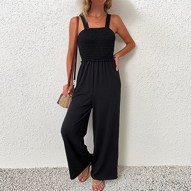 Women's Normal Jumpsuit Streetwear Solid Color Sleeveless U Neck Backless Pocket Street Going out Regular Fit Black Summer3