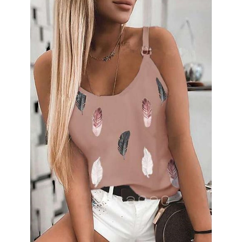 Women's Camisole Tank Top Feather Daily Casual Sleeveless Strap Regular Tops Daily Backless Print White Pink Red Blue Purple Summer2