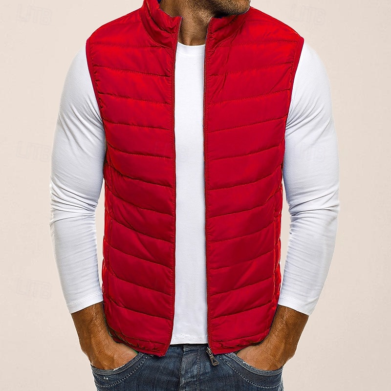 Men's Quilted Vest Cardigan Going out Casual All Seasons Pocket Polyester Plain Zipper Stand Collar Regular Fit Black Red Navy Blue Gray Vest3