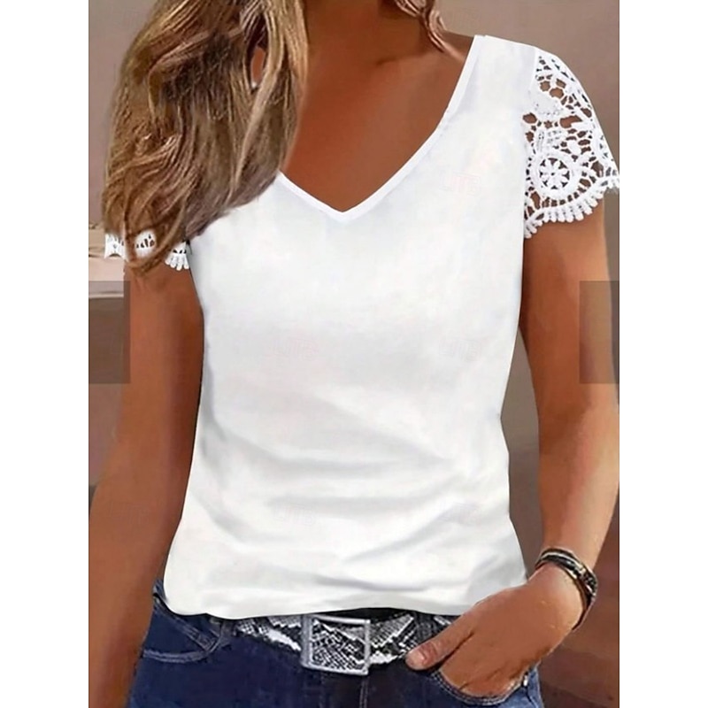 Women's Blouse Lace Tops Solid Color Daily Casual Short Sleeve V Neck Regular Tops Daily Lace Patchwork Black White Summer