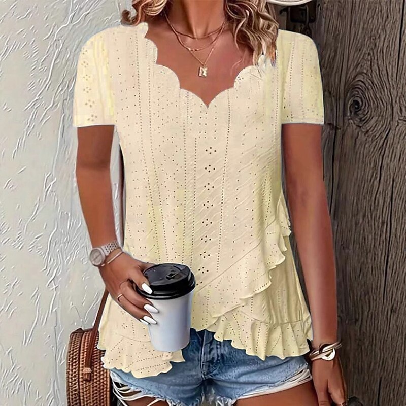 Women's T Shirt Solid Color Elegant Stylish Basic Short Sleeve V Neck Regular Tops Daily White Yellow Pink Blue Green Summer3
