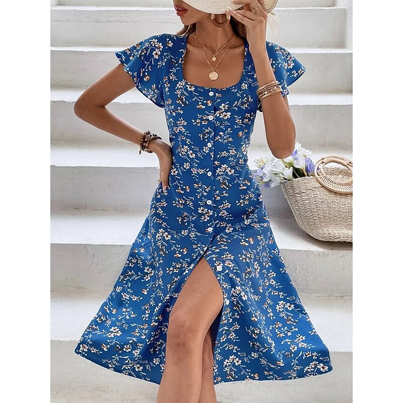 Women's Long Dress Maxi Dress Shirt Dress Casual Dress Floral Dress Boho Dress Elegant Fashion Hot Butterfly Sleeve Outdoor Party Date Regular Fit Floral Short Sleeve Square Neck Burgundy Blue Green2