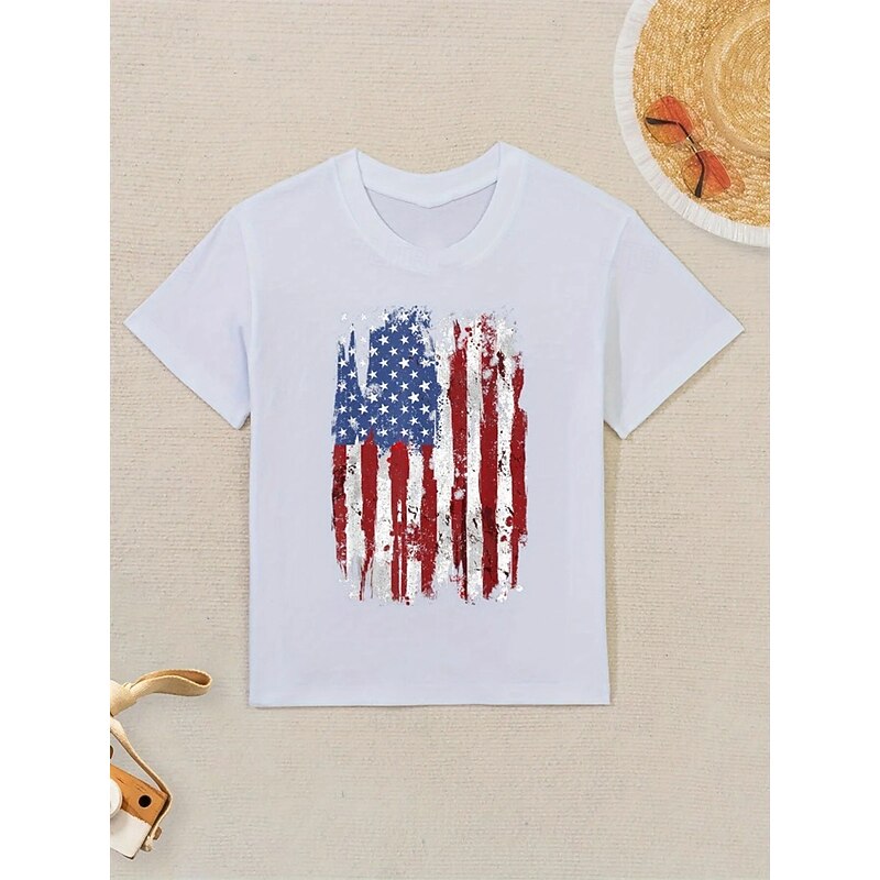 100% Cotton Kids Girls' Black White American Flag T shirt Tee Crew Neck Short Sleeve Outdoor Vacation Daily Classic Casual Print Summer3