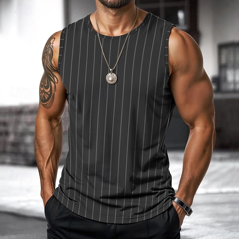 Men's Vest Top Undershirt Sleeveless Shirt Sleeveless Crewneck Spring & Summer Plaid / Striped / Chevron / Round Fashion Designer Vacation Street Going out Sillver Gray Black+beige Black+red+blue Top