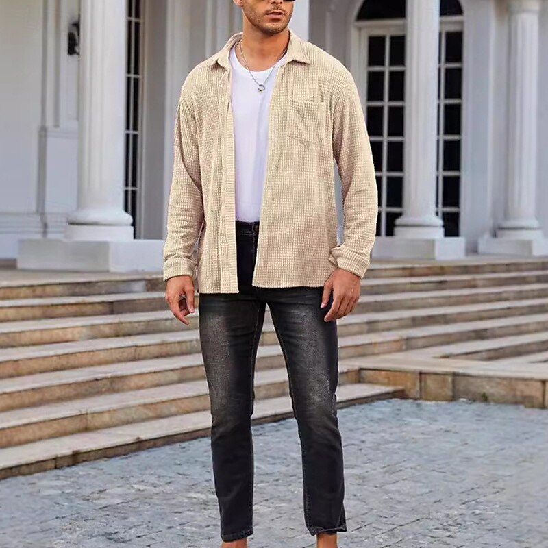 Men's Shirt Jacket Overshirts Transition Jacket Vacation Wearproof Pocket Summer Spring Plain Casual Lapel Apricot Jacket3