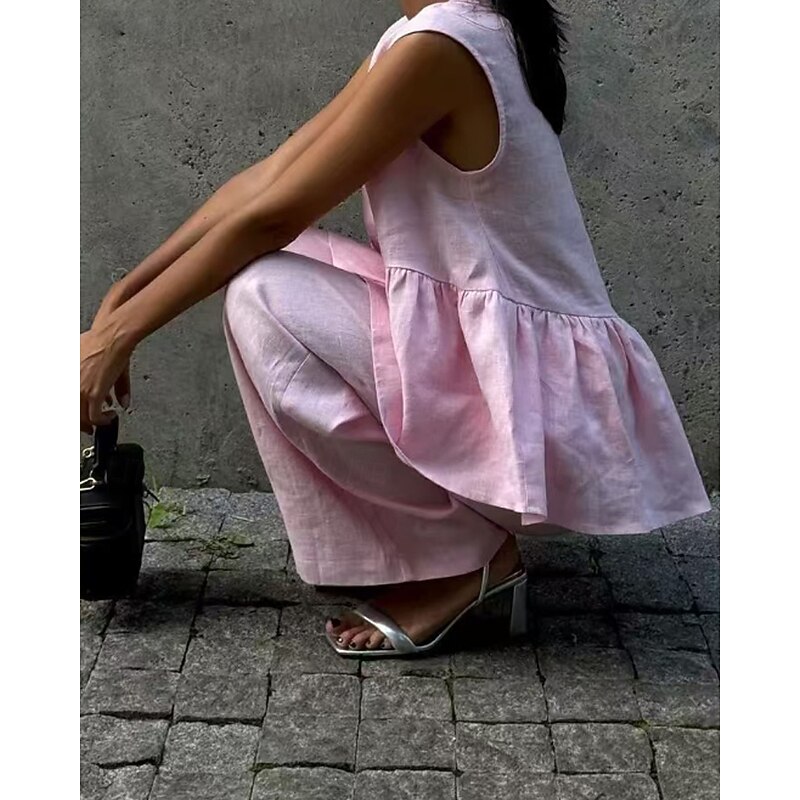 Women's Active Fashion Cotton Linen Shirts Blouse Pants Sets Sleeveless V Neck Solid Color Dubbele Rij Knopen Vacation Casual Daily Black Pink Light Blue Summer Regular Fit3
