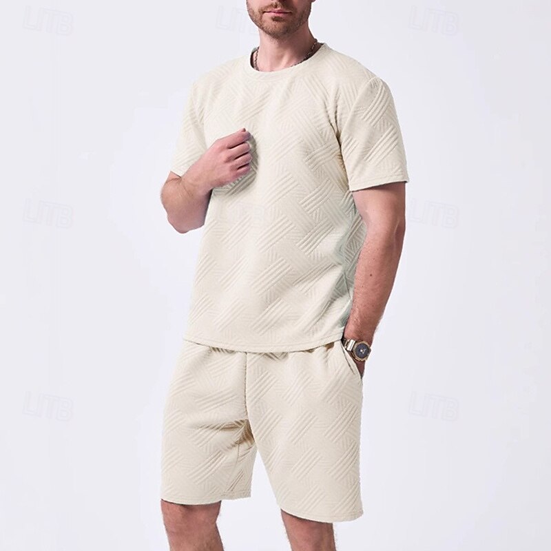 Men's T-shirt Suits 2 Pieces Outfits Tee & Shorts Short Sleeve Crew Neck Summer Plain Fashion Casual 2 Piece Jacquard Vacation Daily Wear Going out Black White Khaki Top Tee for Men3