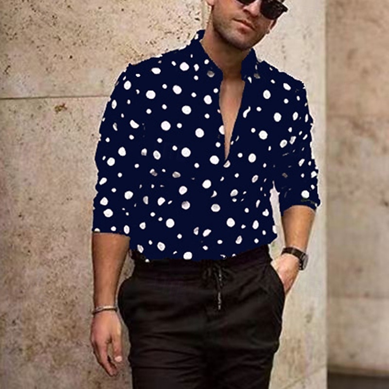 Men's Shirt Summer Shirt Casual Shirt Beach Shirt Button Up Shirt Black Navy Blue Orange Green Long Sleeve Polka Dot Band Collar Vacation Hawaiian Print Clothing Apparel Polyester Fashion Casual4