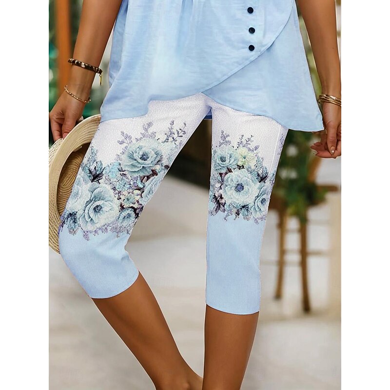 Women's Leggings Vacation Vintage Fashion Calf-Length High Waist Floral Graphic Printing Breathable Soft Stretchy Outdoor Vacation Causal Light Pink White-Blue Light Purple Summer Spring Slim Fit4